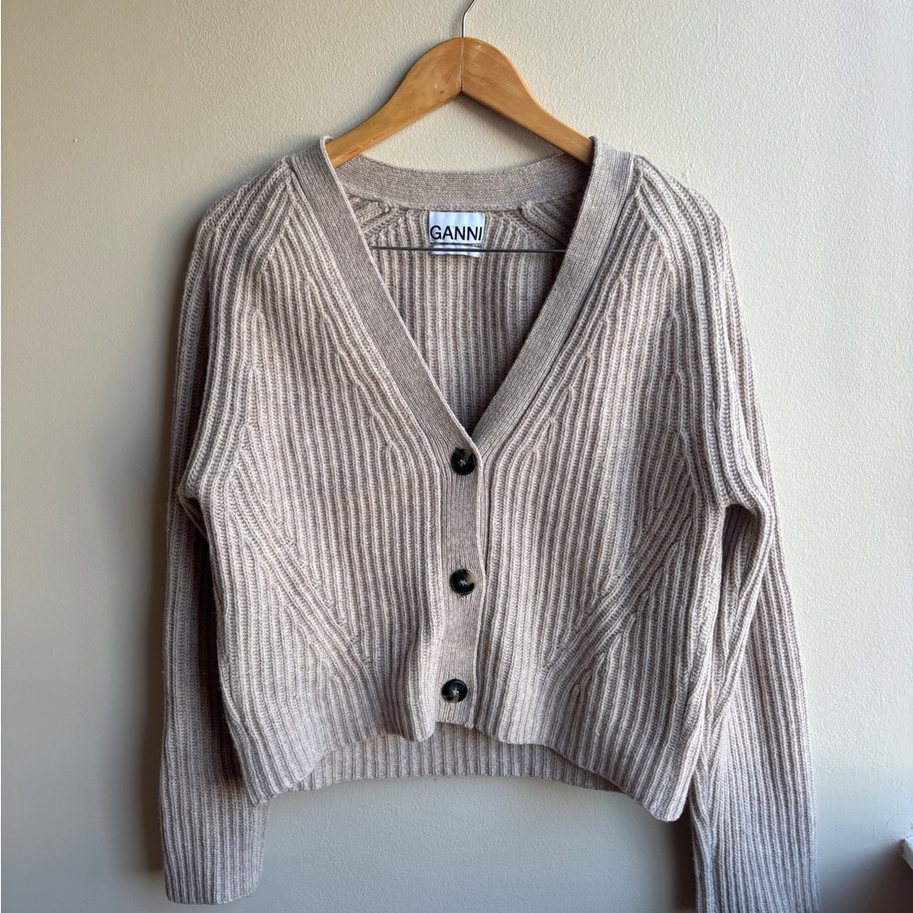 Ganni Taupe Ribbed Cardigan
